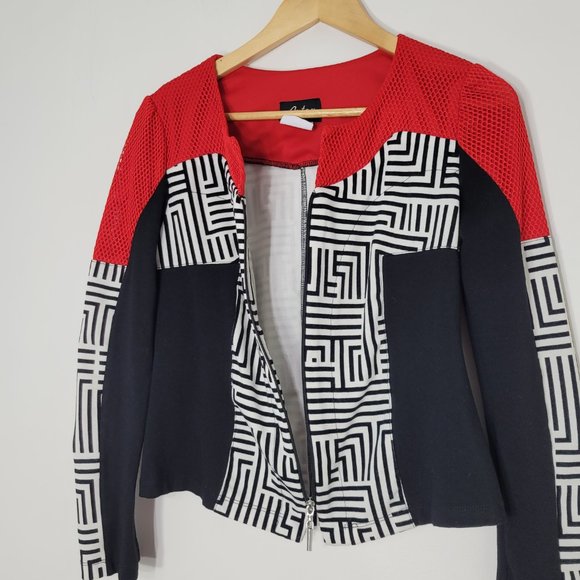 ARTEX Fashions Women's Red Black  White Geometric Long Sleeve Blazer Zip-Up Sz S - Picture 4 of 11